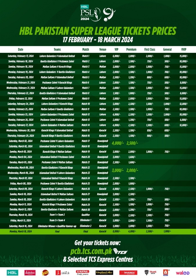 Complete Details About Ticket Prices PSL 2024